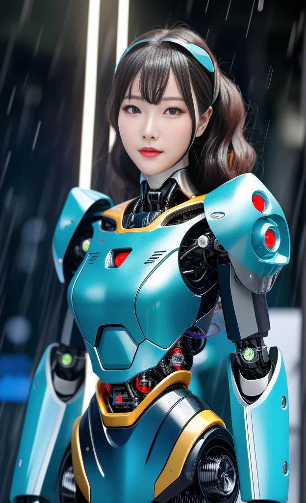 actual,photoactual,masterpiece,best quality,1 female robot，Beautiful female robot),looking at the audience,{{masterpiece}},Flat 胸部best quality},alone,beautiful clear face(Rain waves_haneame：1.5)