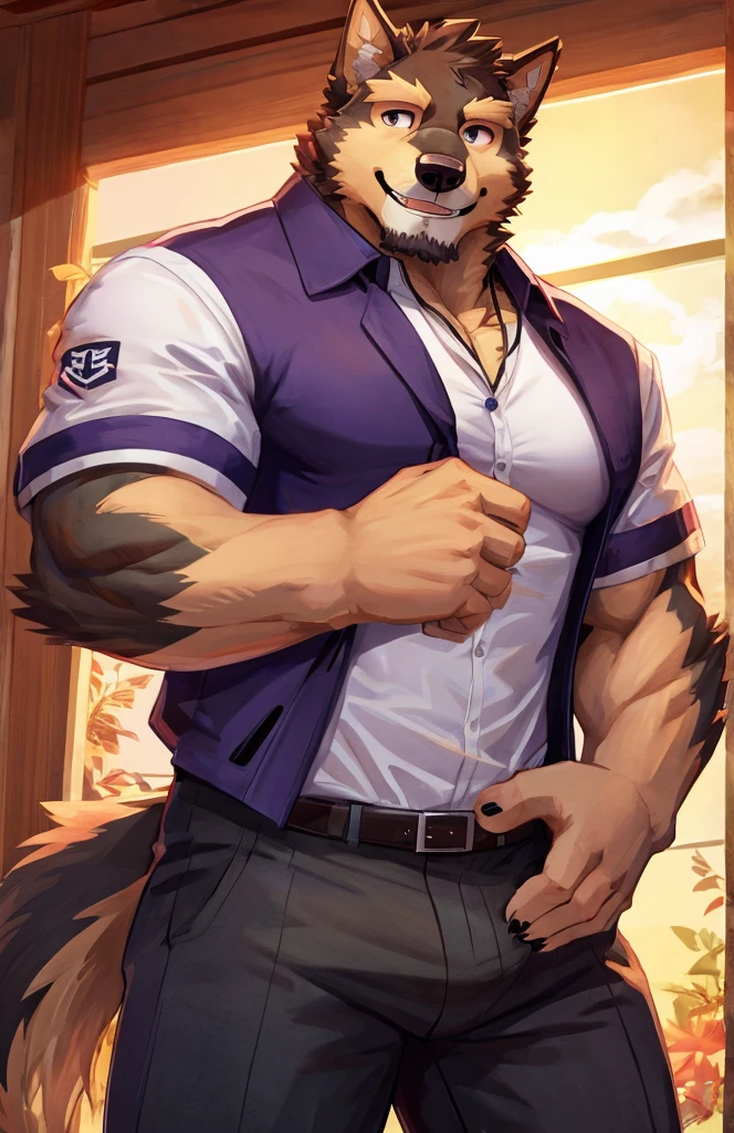 solo, pubraseer, furry german sheperd dog, muscular body, handsome, Smiling, mouth open, (holding glassess), cool pose, casual shirt, casual pants.