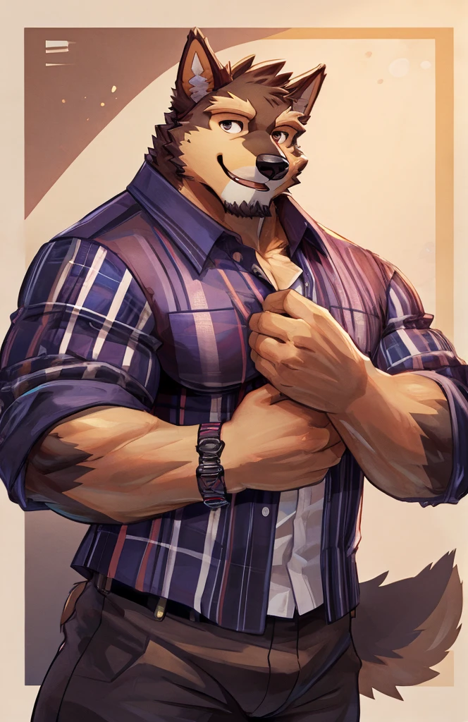 solo, pubraseer, furry german sheperd dog, muscular body, handsome, Smiling, mouth open, (holding glassess), cool pose, casual shirt, casual pants.