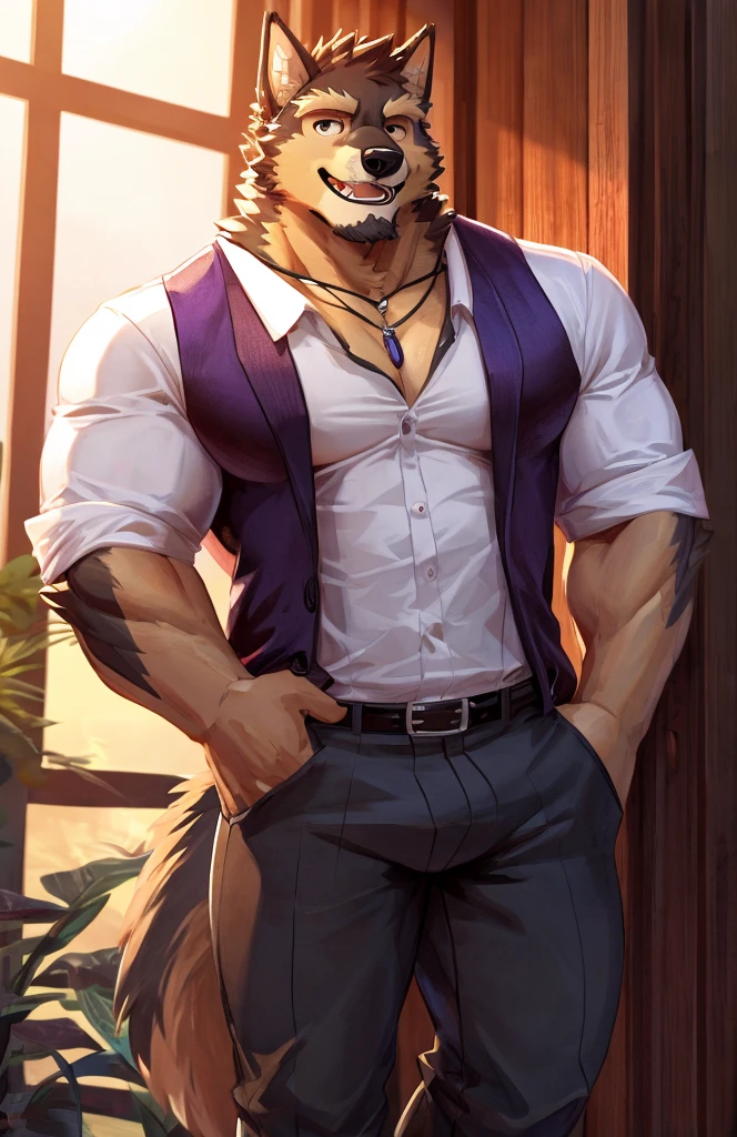 solo, pubraseer, furry german sheperd dog, muscular body, handsome, Smiling, mouth open, (holding glassess), cool pose, casual shirt, casual pants.
