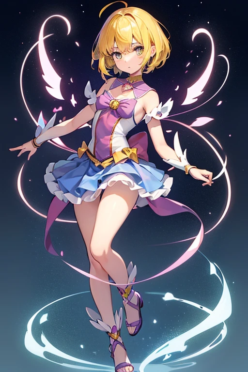 1 female,((Magical girl)),,clavicle, (Yellow Hair,short hair),Absurd,Expressionless, Hollow Eyes,Eyes glow purple, Small breasts, High Grade, Full body shape,  (Highest quality、4K、8k、High resolution、Must have:1.2)、Very detailed、(reality、that&#39;s reality的.、reality的:1.37)、Ticker、Hyper HD、Studio Lighting、Ultra High Definition Paint、Sharp focus、Physically Based Rendering、Extreme Detail、Professional specifications、Vibrancy and color、Blurred、Sports portrait、landscape、Horror Style、Anime Big Tits、sf、photograph、Concept Artist、Five Fingers, Perfect body,  {{{masterpiece}}}, {{{Highest quality}}}, {{Very detailed}}, {shape}, {{Very delicate and beautiful}},Promoting cost performance、All Roles、Canon 5D MK4でphotograph、Sprinkles、photograph,