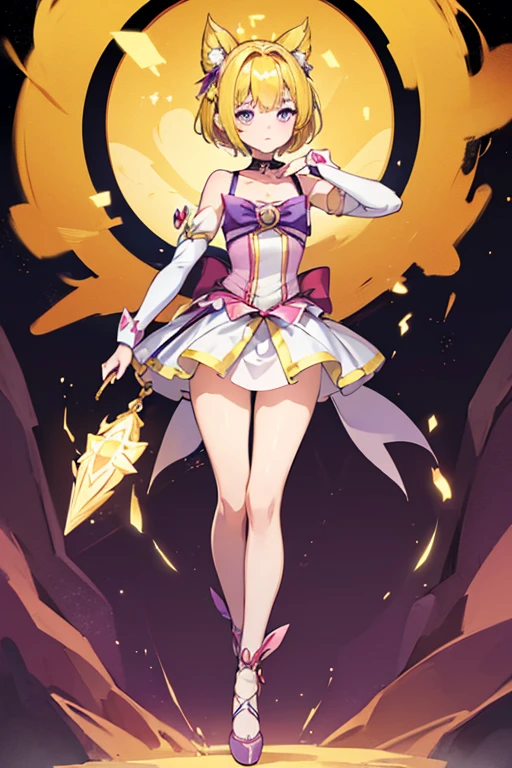 1 female,((Magical girl)),17 years old,clavicle, (Yellow Hair,short hair),Absurd,Expressionless, Hollow Eyes,Eyes glow purple, Small breasts, High Grade, Full body shape,  (Highest quality、4K、8k、High resolution、Must have:1.2)、Very detailed、(reality、that&#39;s reality的.、reality的:1.37)、Ticker、Hyper HD、Studio Lighting、Ultra High Definition Paint、Sharp focus、Physically Based Rendering、Extreme Detail、Professional specifications、Vibrancy and color、Blurred、Sports portrait、landscape、Horror Style、Anime Big Tits、sf、photograph、Concept Artist、Five Fingers, Perfect body,  {{{masterpiece}}}, {{{Highest quality}}}, {{Very detailed}}, {shape}, {{Very delicate and beautiful}},Promoting cost performance、All Roles、Canon 5D MK4でphotograph、Sprinkles、photograph,