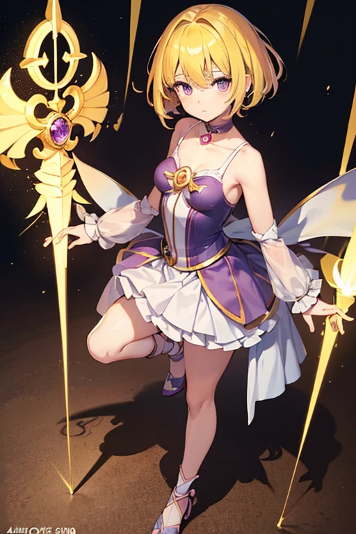 1 female,((Magical girl)),,clavicle, (Yellow Hair,short hair),Absurd,Expressionless, Hollow Eyes,Eyes glow purple, Small breasts, High Grade, Full body shape,  (Highest quality、4K、8k、High resolution、Must have:1.2)、Very detailed、(reality、that&#39;s reality的.、reality的:1.37)、Ticker、Hyper HD、Studio Lighting、Ultra High Definition Paint、Sharp focus、Physically Based Rendering、Extreme Detail、Professional specifications、Vibrancy and color、Blurred、Sports portrait、landscape、Horror Style、Anime Big Tits、sf、photograph、Concept Artist、Five Fingers, Perfect body,  {{{masterpiece}}}, {{{Highest quality}}}, {{Very detailed}}, {shape}, {{Very delicate and beautiful}},Promoting cost performance、All Roles、Canon 5D MK4でphotograph、Sprinkles、photograph,