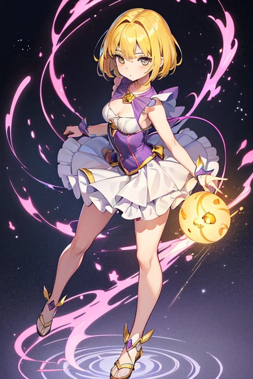 1 female,((Magical girl)),,clavicle, (Yellow Hair,short hair),Absurd,Expressionless, Hollow Eyes,Eyes glow purple, Small breasts, High Grade, Full body shape,  (Highest quality、4K、8k、High resolution、Must have:1.2)、Very detailed、(reality、that&#39;s reality的.、reality的:1.37)、Ticker、Hyper HD、Studio Lighting、Ultra High Definition Paint、Sharp focus、Physically Based Rendering、Extreme Detail、Professional specifications、Vibrancy and color、Blurred、Sports portrait、landscape、Horror Style、Anime Big Tits、sf、photograph、Concept Artist、Five Fingers, Perfect body,  {{{masterpiece}}}, {{{Highest quality}}}, {{Very detailed}}, {shape}, {{Very delicate and beautiful}},Promoting cost performance、All Roles、Canon 5D MK4でphotograph、Sprinkles、photograph,