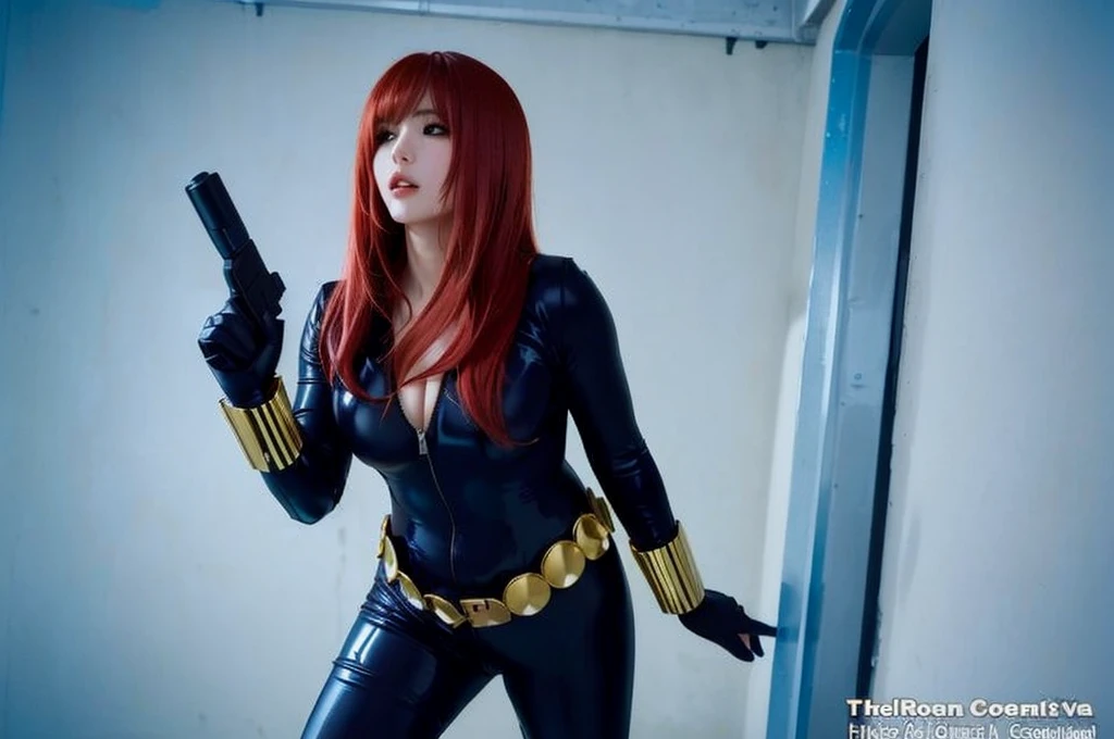 The image depicts a girl with red hair wearing a cosplay outfit. She's dressed in a sleek skin-tight shiny black latex bodysuit with a deep-cut zipper neckline revealing a large chest, accented with gold or yellow elements such as a wrist guard and a belt. She exhibits readiness and confidence, with her right hand holding a gun and her left hand either outstretched or in a defensive posture. Her body is slightly leaning forward against a plain backdrop of a white wall and a doorway.