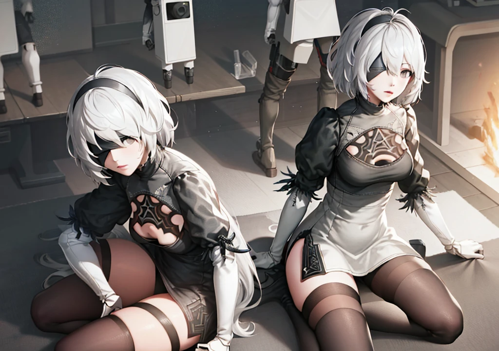 Nier automata, 2b, eyes covered, showing ass, half naked.(((Half naked))) Sci Fi night background