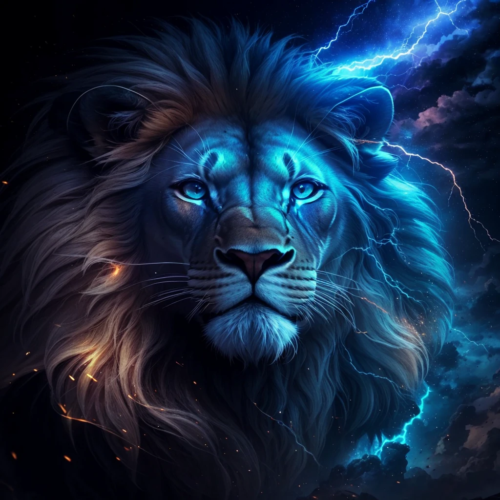 Lion, leone, King, natural, naturey, naturey, linda, rendering, photorrealistic, ultrahd, 4K, texturasdetailed, sombras detailed, Thunders, bolts, thunderbolt, thunderstorm, detailed, sunset, Sunset, Sunset, naturey linda, black backdrop, sunset, detailed contrast, realistic contrast, high resolution, cores detailed,