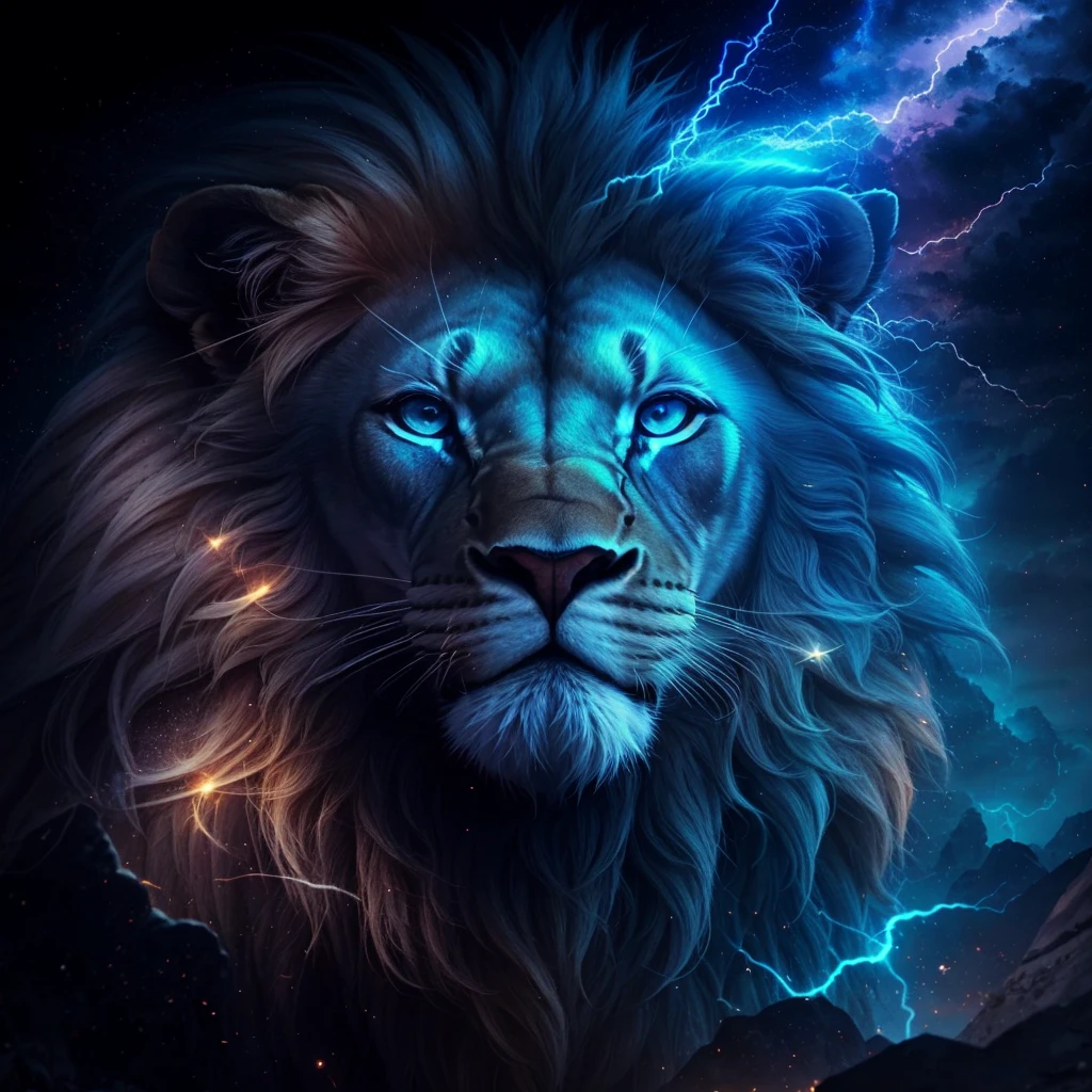 Lion, leone, King, natural, naturey, naturey, linda, rendering, photorrealistic, ultrahd, 4K, texturasdetailed, sombras detailed, Thunders, bolts, thunderbolt, thunderstorm, detailed, sunset, Sunset, Sunset, naturey linda, black backdrop, sunset, detailed contrast, realistic contrast, high resolution, cores detailed,