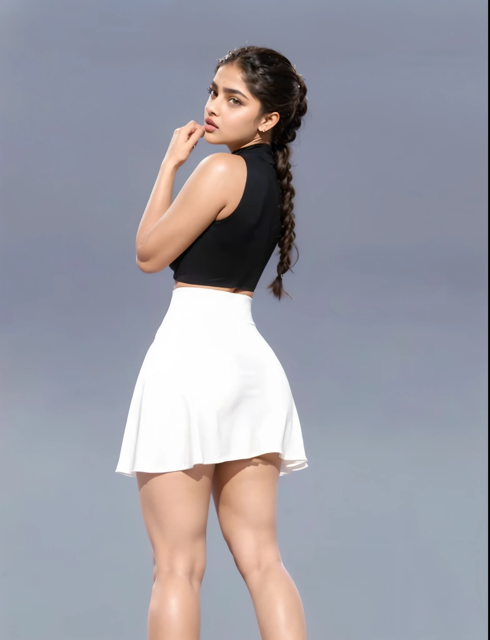 Back view, ((Beautiful teen girl, Odeya Rush, Becky G, maitreyi ramakrishnan, Priyanka Chopra, 18 years)), wearing black cotton-lycra turtleneck crop top and plain white miniskirt, grey studio background, (HDR, 8K, vivid, vibrant, detailed: 1.4), (hyper realistic, movie graphics)