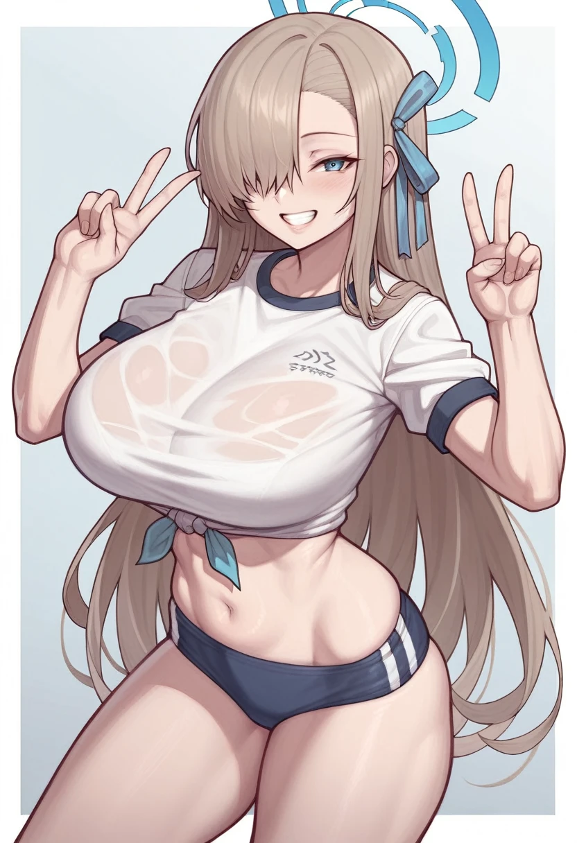 _asura style, 1girl, breasts, solo, halo, tied_shirt, long_hair, smile, shirt, blue_eyes, asuna_(blue_archive), hair_over_one_eye, navel, blush, double_v, looking_at_viewer, alternate_costume, white_shirt, v, buruma, bangs, thighs, grin, very_long_hair, gym_uniform, huge_breasts, white_background, eyes_visible_through_hair, short_sleeves, simple_background, light_brown_hair, large_breasts