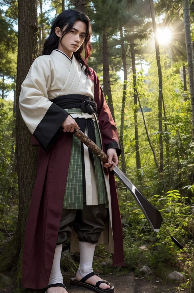 A hyper-realistic depiction of Tanjiro Kamado from Demon Slayer (Kimetsu no Yaiba), portrayed as a real person. He has short, messy black hair with a burgundy tint and a scar on his forehead shaped like a flame. His eyes are large and dark red, filled with determination. He wears a green and black checkered haori over a dark brown uniform with a white belt, and traditional Japanese sandals with white tabi socks. He carries a Nichirin Blade with a black handle and white hilt guard. The setting is a dense forest at dawn, with rays of sunlight piercing through the trees, creating a mystical atmosphere. His expression is focused and ready for battle.
