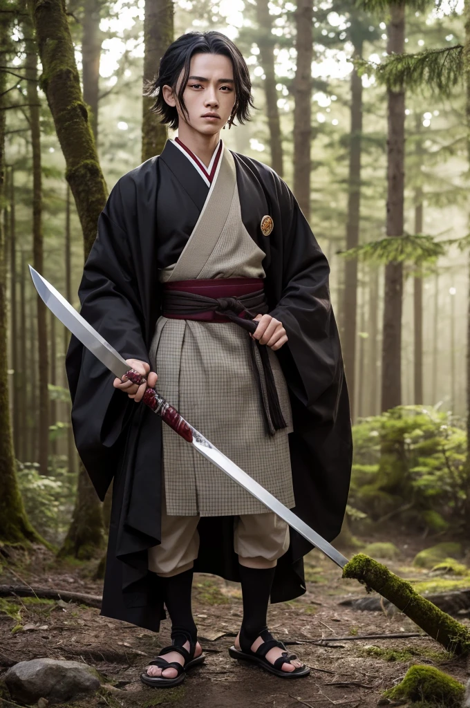 A hyper-realistic depiction of Tanjiro Kamado from Demon Slayer (Kimetsu no Yaiba), portrayed as a real person. He has short, messy black hair with a burgundy tint and a scar on his forehead shaped like a flame. His eyes are large and dark red, filled with determination. He wears a green and black checkered haori over a dark brown uniform with a white belt, and traditional Japanese sandals with white tabi socks. He carries a Nichirin Blade with a black handle and white hilt guard. The setting is a dense forest at dawn, with rays of sunlight piercing through the trees, creating a mystical atmosphere. His expression is focused and ready for battle.
