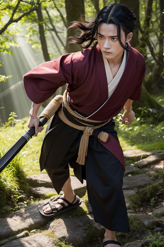 A hyper-realistic depiction of Tanjiro Kamado from Demon Slayer (Kimetsu no Yaiba), portrayed as a real person. He has short, messy black hair with a burgundy tint and a scar on his forehead shaped like a flame. His eyes are large and dark red, filled with determination. He wears a green and black checkered haori over a dark brown uniform with a white belt, and traditional Japanese sandals with white tabi socks. He carries a Nichirin Blade with a black handle and white hilt guard. The setting is a dense forest at dawn, with rays of sunlight piercing through the trees, creating a mystical atmosphere. His expression is focused and ready for battle.
