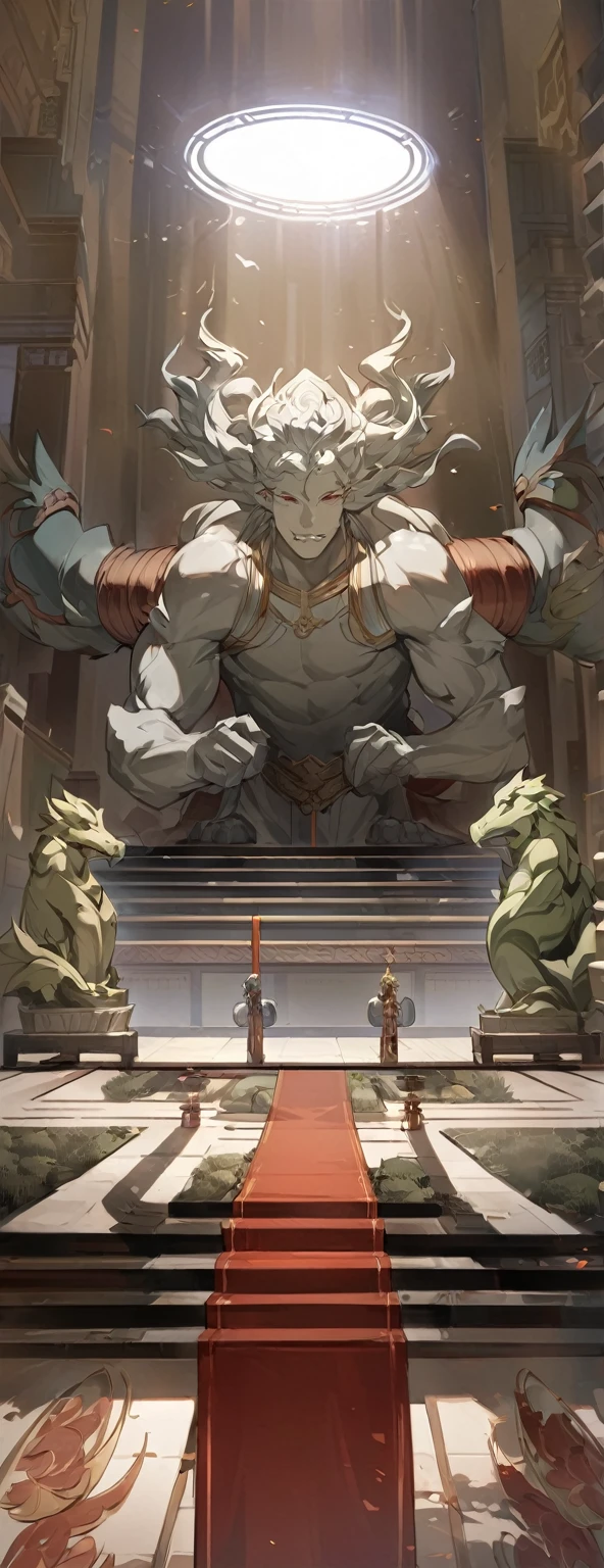 Comic scene,The grand Chinese palace,Chinese Architecture,There is a monster statue in the middle,There are four pillars next to it,Light and Shadow,Atmosphere,Beautiful scene wallpaper