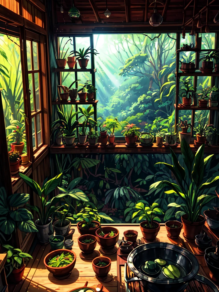 super wide perspective, an indoor view of beautiful indo kitchen, forest visible from window, ghibli anime scene, pots with tropical leafy plants, shelf, organiser, sunrays falling on table, utensils, refrigerator, shadows, cinematic color tones, subtle light, vibrant color tones, ghibli style, no humans, scenery, masterpiece, high resolution 