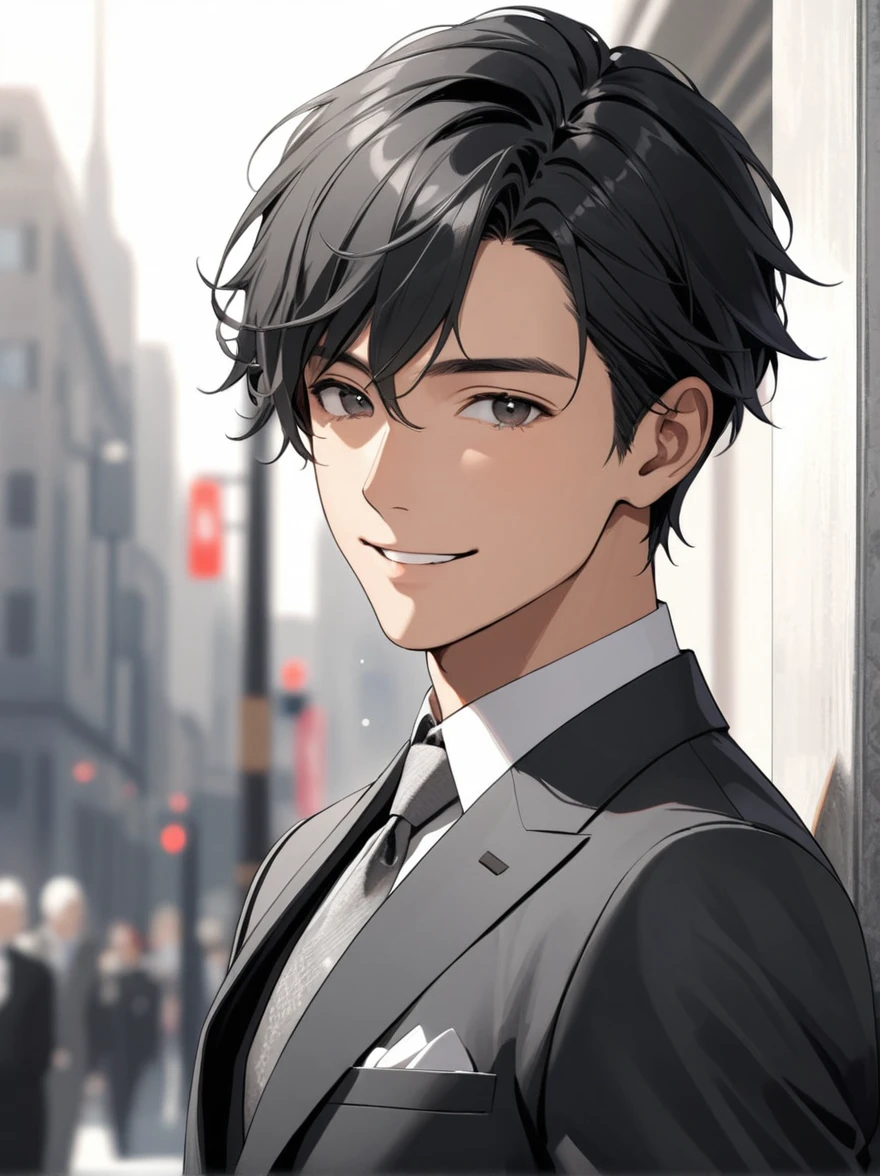 best quality, highres, high details, super detail, A handsome man with short black hair is wearing a charcoal gray suit. He has a kind and sincere smile.
