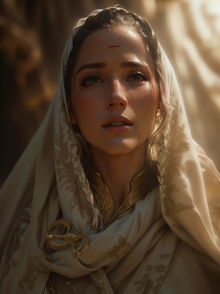 arafed woman in a white robe and a white head scarf, movie still 8 k, cinematic goddess close shot, 8k film still, 8k movie still, cinematic goddess shot, film still from god of war, biblical epic movie, soft portrait shot 8k, cinematic close shot