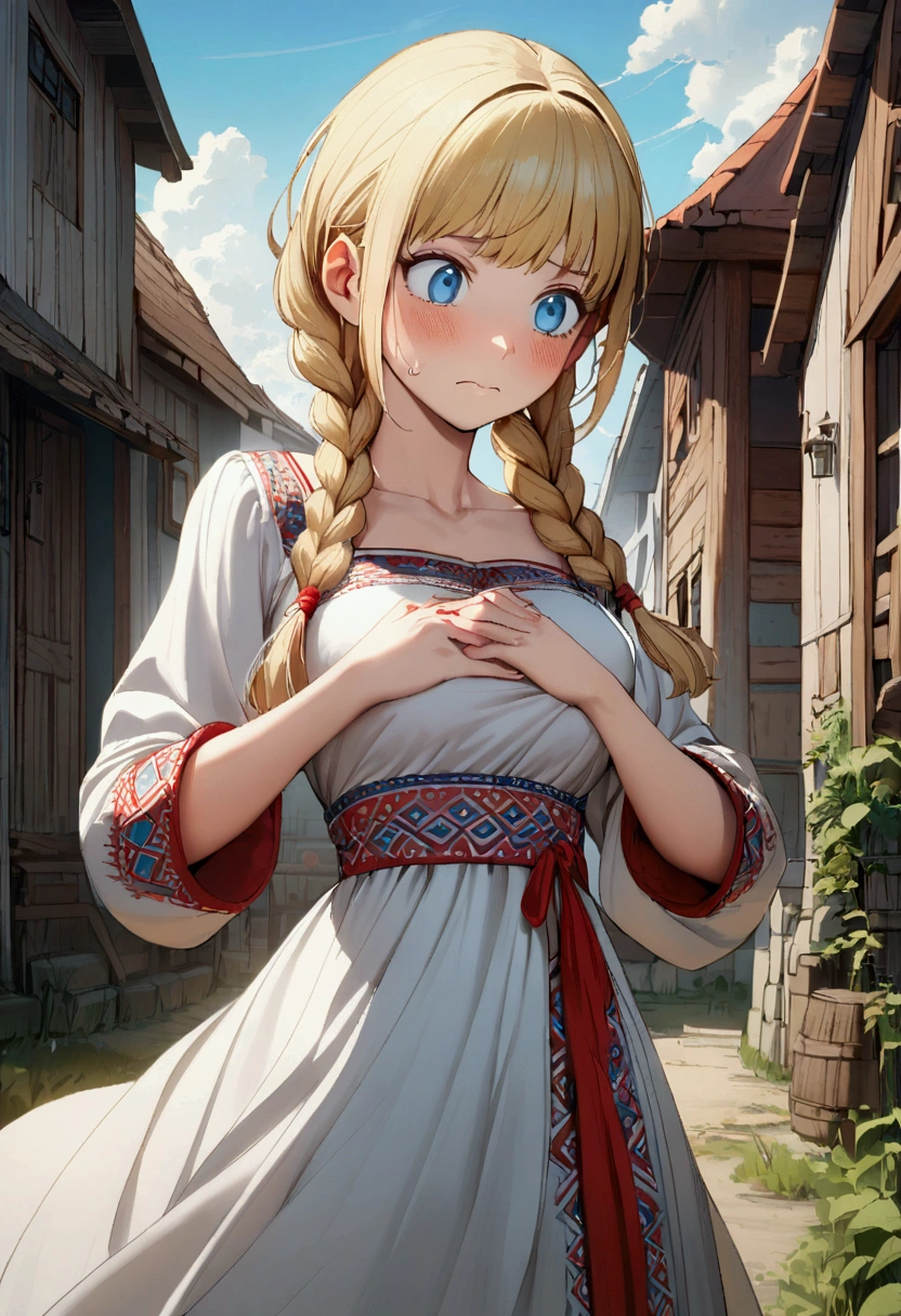 1 girl with long blonde hair, hair braided into two braids, Blue eyes, nervous and curious face, medium breasts, white Slavic dress, holds his hands to his chest, Slavic village in the background,