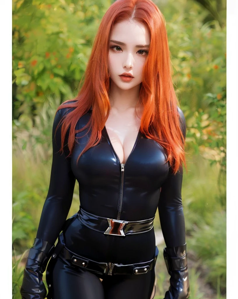 The image portrays a girl with red hair. She is dressed in a sleek skin-tight shiny black latex bodysuit with a deep-cut zipper neckline revealing a large chest, a silver zipper running down the front, black wrist guard, and a black belt. The woman is standing in an environment characterized by the presence of green plants.