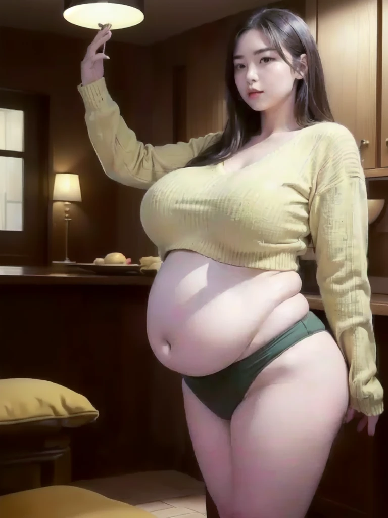 il y a une femme en chemise blanche et culotte noire qui pose, she has a round and big belly, thick, bbwchan, her belly is big and round, sultry body with sexy belly, attractive plus size model, her navel is exposed, hyperrealistic complete figure, corps thick, large stomach, curved model