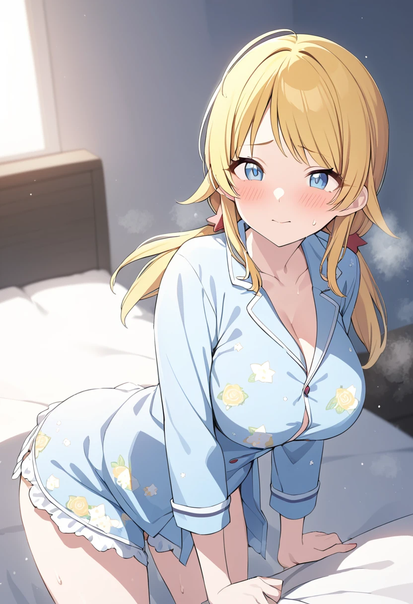 masterpiece, Highest quality, ((Meguru Hachimiya、Blonde、Blue Eyes))、18 year old beautiful girl, masterpiece, Highest quality, 1 girl, Bedroom，pajamas，Large Breasts，bed，Dim lighting，Sweat particles，blush，boost mood，Vigorous movement，Middle-aged men，Cowgirl