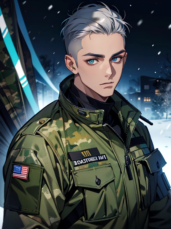 Masterpiece, high quality, Single male, very handsome face, masculine, portrait, dark skin, cyan eyes, piercing eyes, show forehead, camouflage uniform, camouflage pants, buzz cut light grey hair, camouflage soldier's jacket, camouflage ratnik, soldart, no accessories, night-time, blue light, snow in background, Rich in color, close-up shot, bust photo, NO hands. Look at viewer.