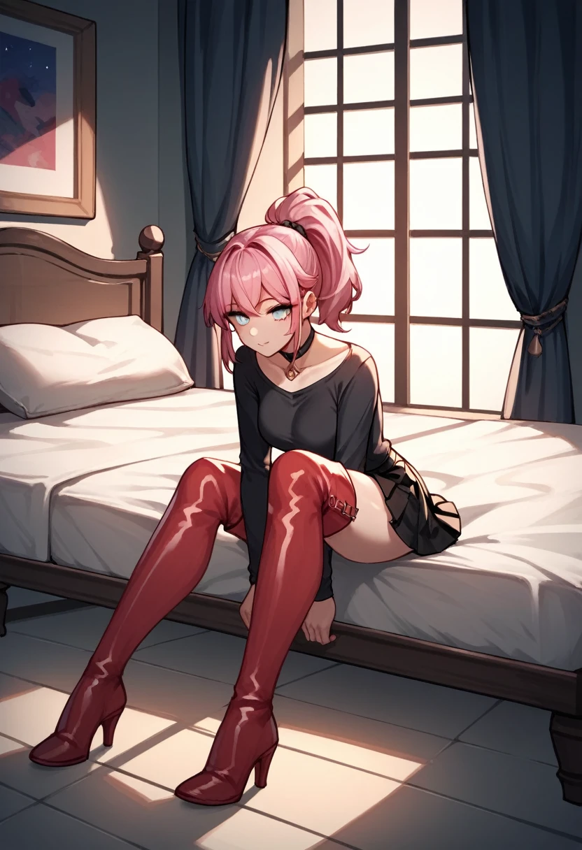 score_9, score_8_up, score_7_up, score_6_up, score_5_up, score_4_up, source_anime, 1woman, sit, bed, pink hair, ponytail, white eyes, grind clean hair, black shirt, skirts, thigh high boots, red boots, heels, night, room, best quality, best res, 4K UHD,