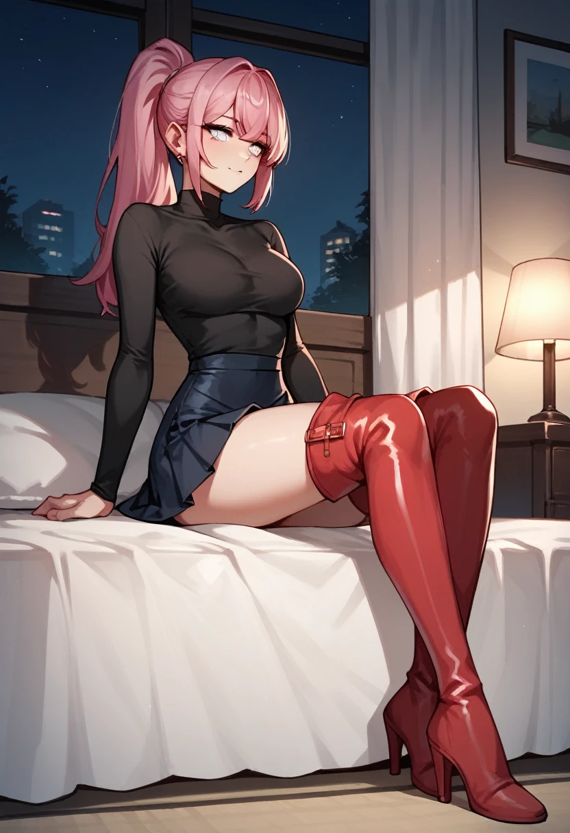 score_9, score_8_up, score_7_up, score_6_up, score_5_up, score_4_up, source_anime, 1woman, sit, bed, pink hair, ponytail, white eyes, grind clean hair, black shirt, skirts, thigh high boots, red boots, heels, night, room, best quality, best res, 4K UHD,
 