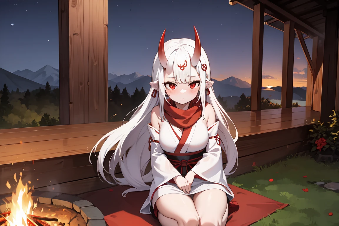 1girl, white hairs, red eyes, white-red  kimono, long hair, Oni horns, katana, lake, night, campfire, sitting on ground, red scarf