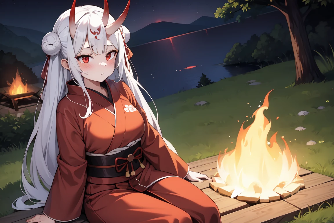 1girl, white hairs, red eyes, white-red kimono, long hair, Oni horns, katana, lake, night, campfire, sitting on ground, red scarf