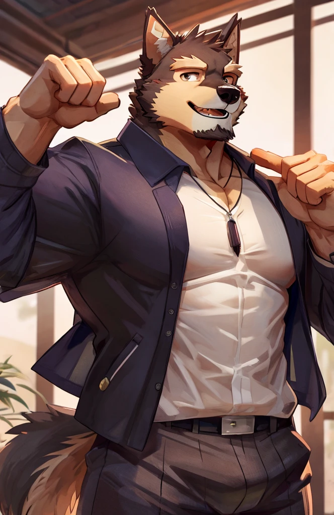 solo, pubraseer, furry german sheperd dog, muscular body, handsome, Smiling, mouth open, hold glassess, cool pose, casual shirt, casual pants.