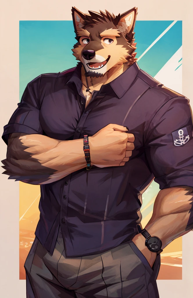 solo, pubraseer, furry german sheperd dog, muscular body, handsome, Smiling, mouth open, hold glassess, cool pose, casual shirt, casual pants.