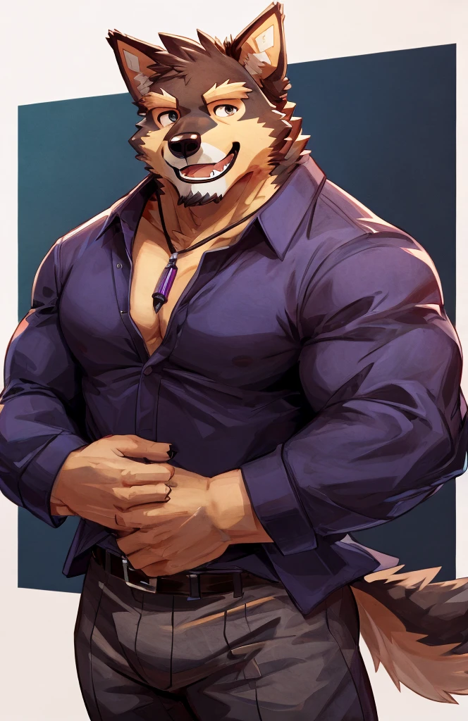 solo, pubraseer, furry german sheperd dog, muscular body, handsome, Smiling, mouth open, (holding glassess), cool pose, casual shirt, casual pants.