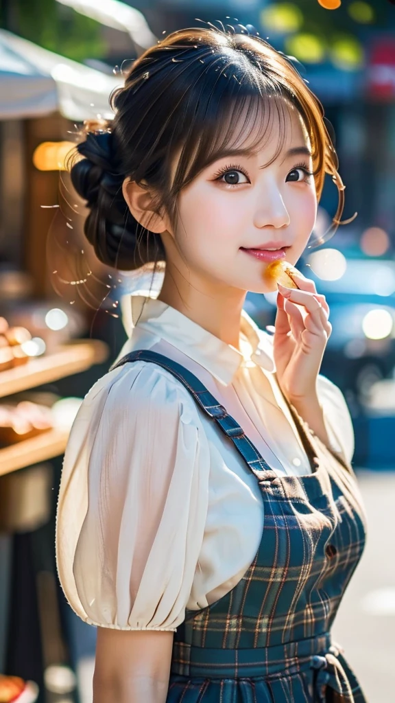 A young Asian woman eating a donut, close-up portrait, street food scene, double bun hairstyle, white puffy sleeve blouse, plaid overall dress, shallow depth of field, soft natural lighting, urban background with bokeh, nostalgic color grading, 85mm lens, high detail, photorealistic