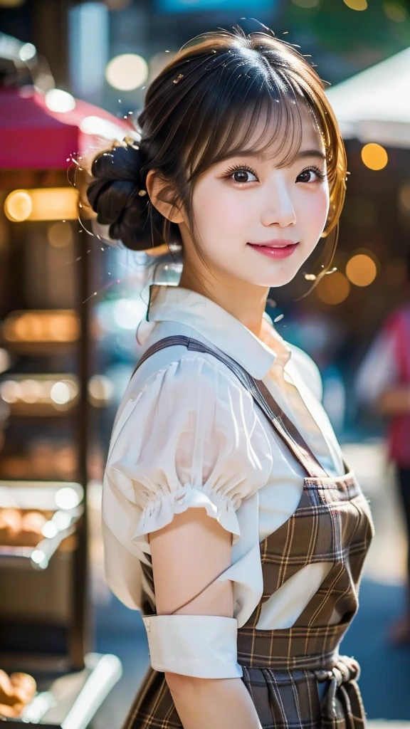 A young Asian woman eating a donut, close-up portrait, street food scene, double bun hairstyle, white puffy sleeve blouse, plaid overall dress, shallow depth of field, soft natural lighting, urban background with bokeh, nostalgic color grading, 85mm lens, high detail, photorealistic
