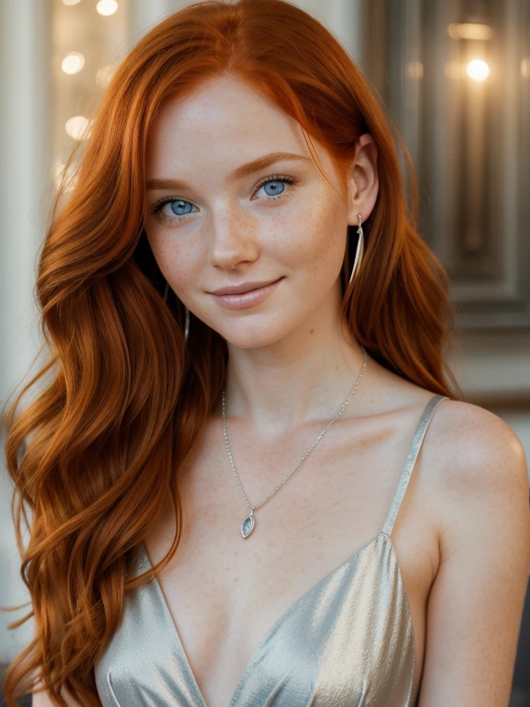 A happy and beautiful photo of the most beautiful redhead young woman, natural beauty, no makeup with pale skin, long wavy rich ginger hair, blue eyes, hollow cheeks, freckles on face and body, wearing a beautiful elegant silver dress, silver catholic necklace, silver earrings, silver female watch, in a fancy restaurant at sunset, Blurry background (Ultra details, High Quality)