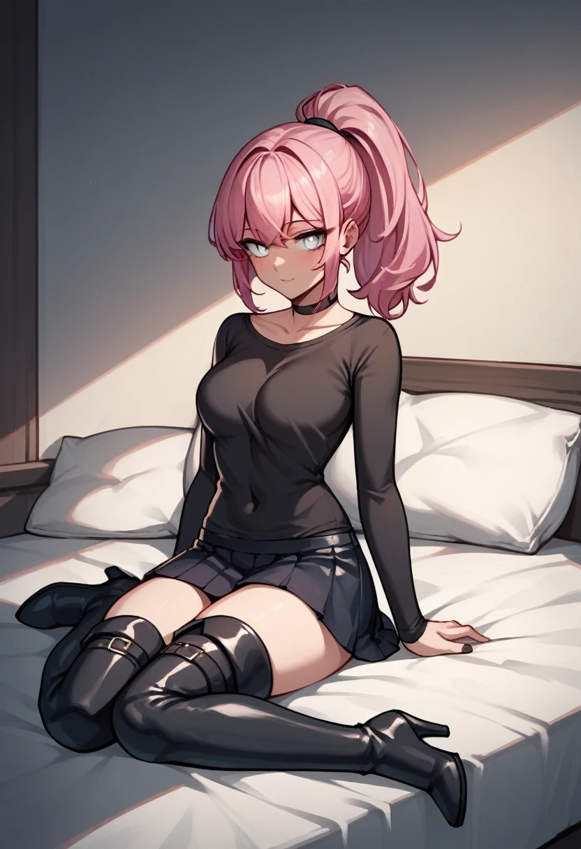 score_9, score_8_up, score_7_up, score_6_up, score_5_up, score_4_up, source_anime, 1woman, sit, bed, pink hair, ponytail, white eyes, grind clean hair, black shirt, skirts, thigh high boots, black boots, heels, night, room, best quality, best res, 4K UHD,
 