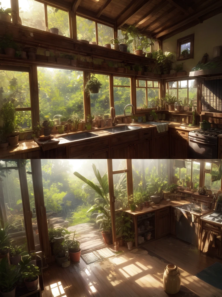 super wide perspective, an indoor view of beautiful indo kitchen, forest visible from window, ghibli anime scene, pots with tropical leafy plants, shelf, organiser, sunrays falling on table, utensils, refrigerator, shadows, cinematic color tones, subtle light, vibrant color tones, ghibli style, no humans, scenery, masterpiece, high resolution