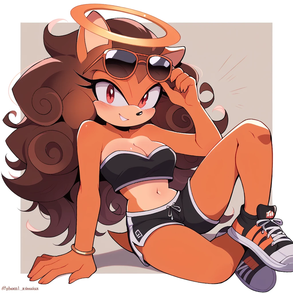 score_9, score_8_up, solo, mobian, hedgehog, two-tone fur ((orange fur, brown fur)), pyjama elastic shorts, strapless crop top, cleavage, high-top sneakers, two-tone hair (brown hair, black tip)), curly hair, halo, sunglasses, jewelry, red eyes, longeyelashes, red eyes, smile, shy, blush