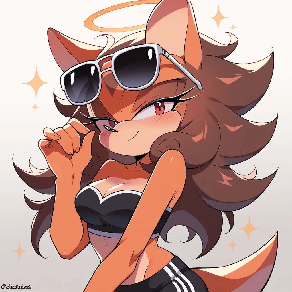 score_9, score_8_up, solo, mobian, hedgehog, two-tone fur ((orange fur, brown fur)), pyjama elastic shorts, strapless crop top, cleavage, high-top sneakers, two-tone hair (brown hair, black tip)), curly hair, halo, sunglasses, jewelry, red eyes, longeyelashes, red eyes, smile, shy, blush
