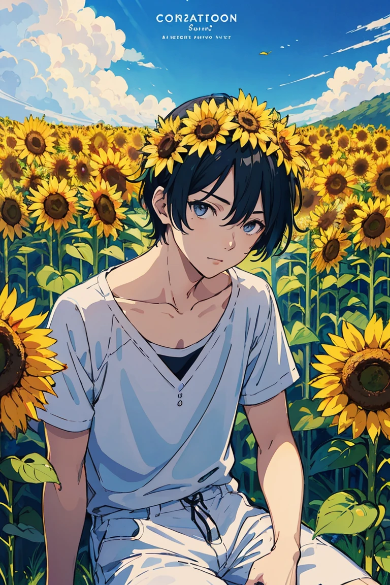 Painting of a boy sitting in a flower bed, 1boy, coronation of Prince of Flowers, Official Anime Artwork, Prince of Flowers, scene : Sunflower field, scene: Sunflower field, bright summer day, Poster ; summer, Official artwork, Yellow sunshine, shigenori soejima illustration, Beautiful sunflower anime girl, Anime Cover, Bright sunny day