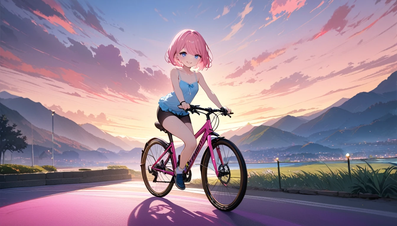 (1 girl),(Best Picture Quality, 8K, Masterpiece:1.3), (high school student:1.5), ((pink lob hair:1.1)), (bob cut),(swept bangs), (cute eyes, pupil black, iris skyblue, youthful face), (mole under right eye), (standard weight), (small breasts), (glistening skin:1.1),(pale skin:1.2),((camisole, hot pants)),(Smile),(sweat),((riding pink road bicycle)),(full body),((magnificent view)).
