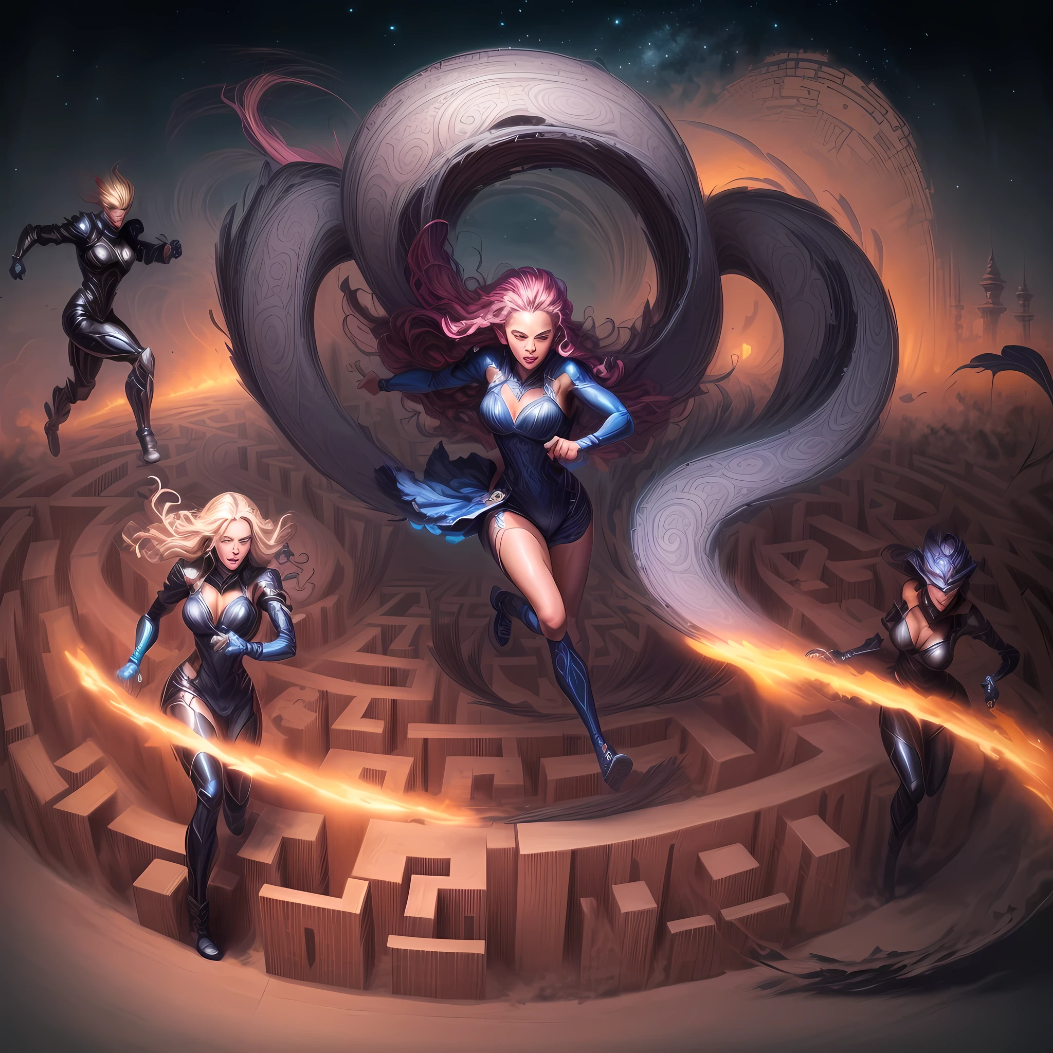 illustration of a woman running through a maze with a woman in the middle, by Justin Gerard, dan mumford and alex grey style, jen bartel, by Jason Benjamin, by Matt Stewart, by Kyle Lambert, by Roberto Parada, kilian eng vibrant colors, by Arik Brauer, by Ignacio Zuloaga, maze-like