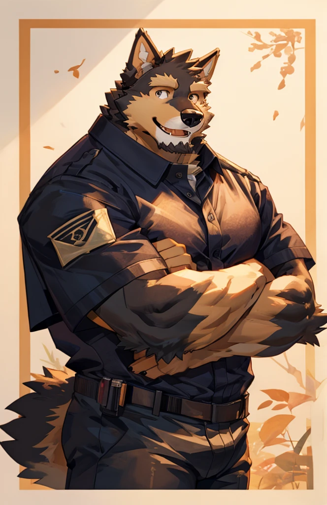 solo, pubraseer, furry german sheperd dog, muscular body, handsome, Smiling, mouth open, holding glassess, cool pose, casual shirt, casual pants.