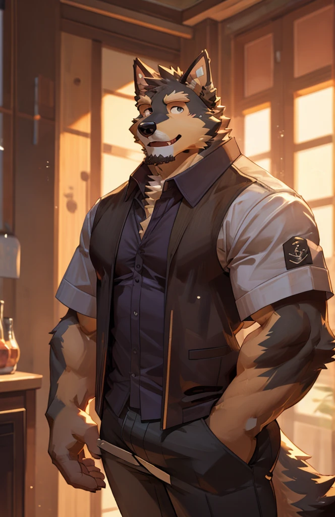 solo, pubraseer, furry german sheperd dog, muscular body, handsome, Smiling, mouth open, holding glassess, cool pose, casual shirt, casual pants.