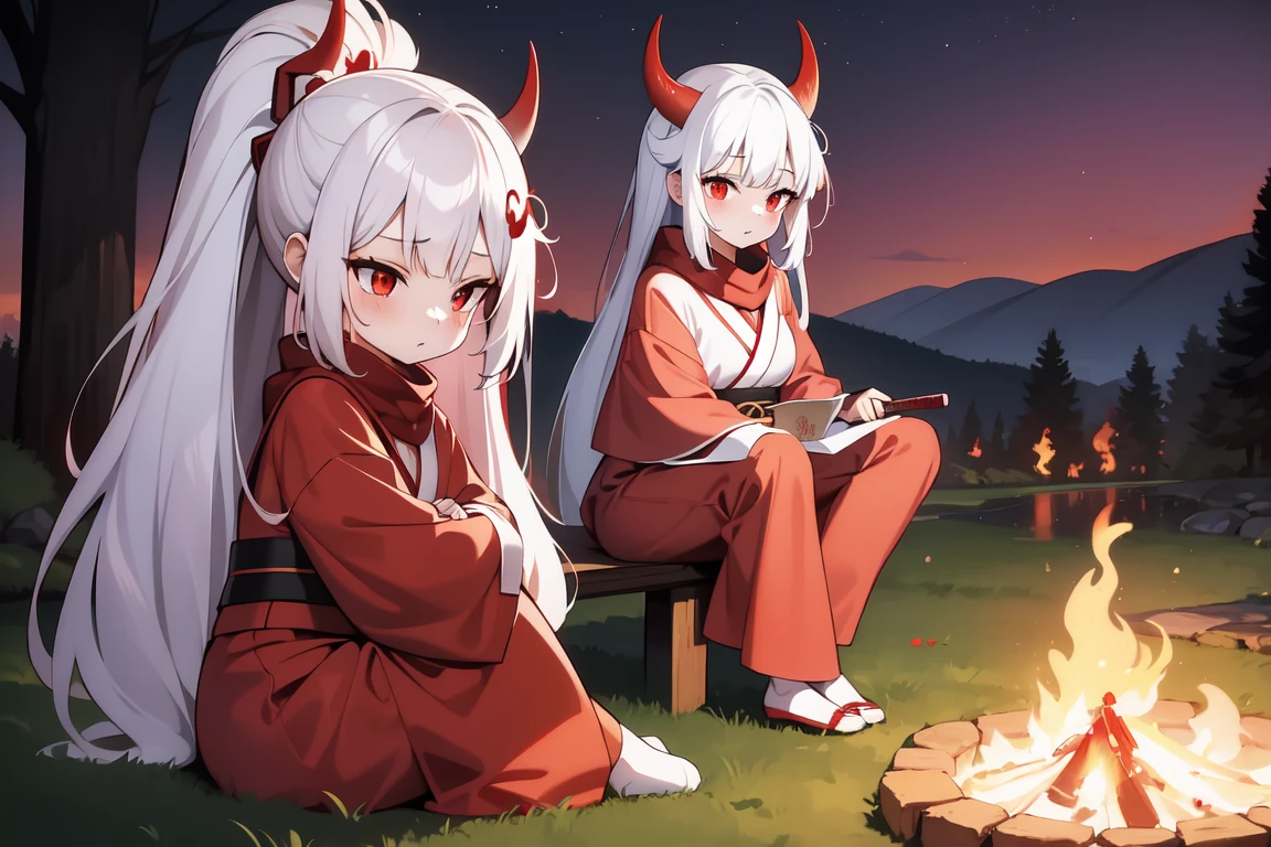 1girl, white hairs, red eyes, white-red kimono, long hair, red horns, katana, lake, night, campfire, sitting on ground, red scarf