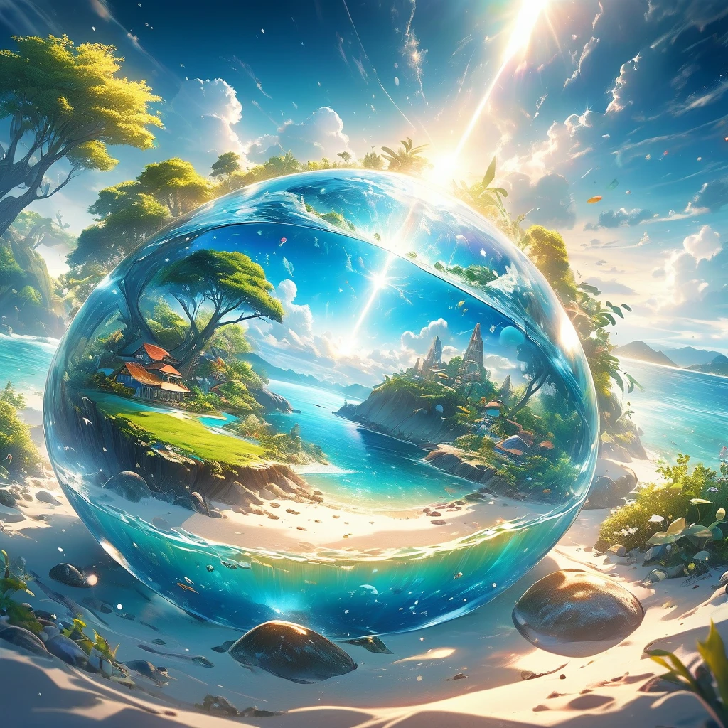 Very detailed, Super complex, Extremely precise, An island with a mysterious glow, Transparent full color, Holographic gloss and reflections, Pursuing the expressiveness of mysterious light, BREAK Mysterious Plant, Detailed and precise, Brightly colored fruits, The charm of fresh green, Meticulous and delicate brushwork combined with a beautiful balance of colors, BREAK Mysterious Rocks, Inorganic Silence, Detailed and realistic textures, The philosophy of loneliness, BREAK Mystical Water, High transparency, Fine and attractive liquid texture, The source of life, Absolute aesthetics beyond human rationality, Secret Beach, Tiny grains of sand, High quality sand, BREAK A magical island covered in mist, Mysterious accumulation, Mysterious light pours in, Dramatic lighting, Practical, Composition, Dynamic perspective, BREAK A work of art that depicts a mysterious island with extreme aesthetics, Super Retina, 