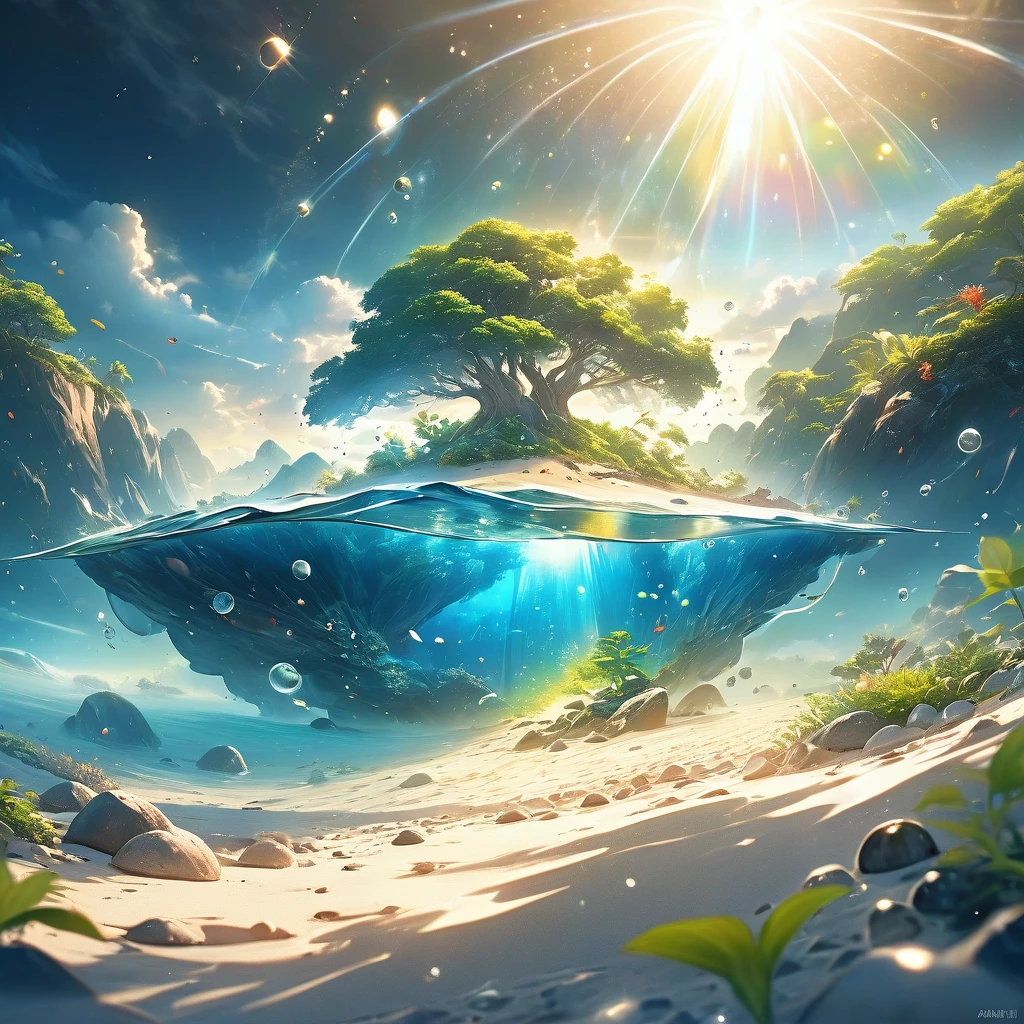 Very detailed, Super complex, Extremely precise, An island with a mysterious glow, Transparent full color, Holographic gloss and reflections, Pursuing the expressiveness of mysterious light, BREAK Mysterious Plant, Detailed and precise, Brightly colored fruits, The charm of fresh green, Meticulous and delicate brushwork combined with a beautiful balance of colors, BREAK Mysterious Rocks, Inorganic Silence, Detailed and realistic textures, The philosophy of loneliness, BREAK Mystical Water, High transparency, Fine and attractive liquid texture, The source of life, Absolute aesthetics beyond human rationality, Secret Beach, Tiny grains of sand, High quality sand, BREAK A magical island covered in mist, Mysterious accumulation, Mysterious light pours in, Dramatic lighting, Practical, Composition, Dynamic perspective, BREAK A work of art that depicts a mysterious island with extreme aesthetics, Super Retina,