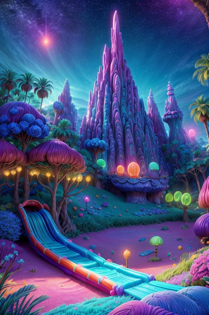 a magical amusement park, giant colorful waterslide, cosmic landscape, vibrant colors, glowing neon lights, futuristic architecture, floating islands, alien plants, surreal atmosphere, dreamlike scenery, hyperrealistic, 8k, ultra-detailed, intricate details, cinematic lighting, dramatic shadows, glowing orbs, mesmerizing patterns, surreal visuals, breathtaking scale, fantastical elements, vibrant hues, stunning vistas, photorealistic quality