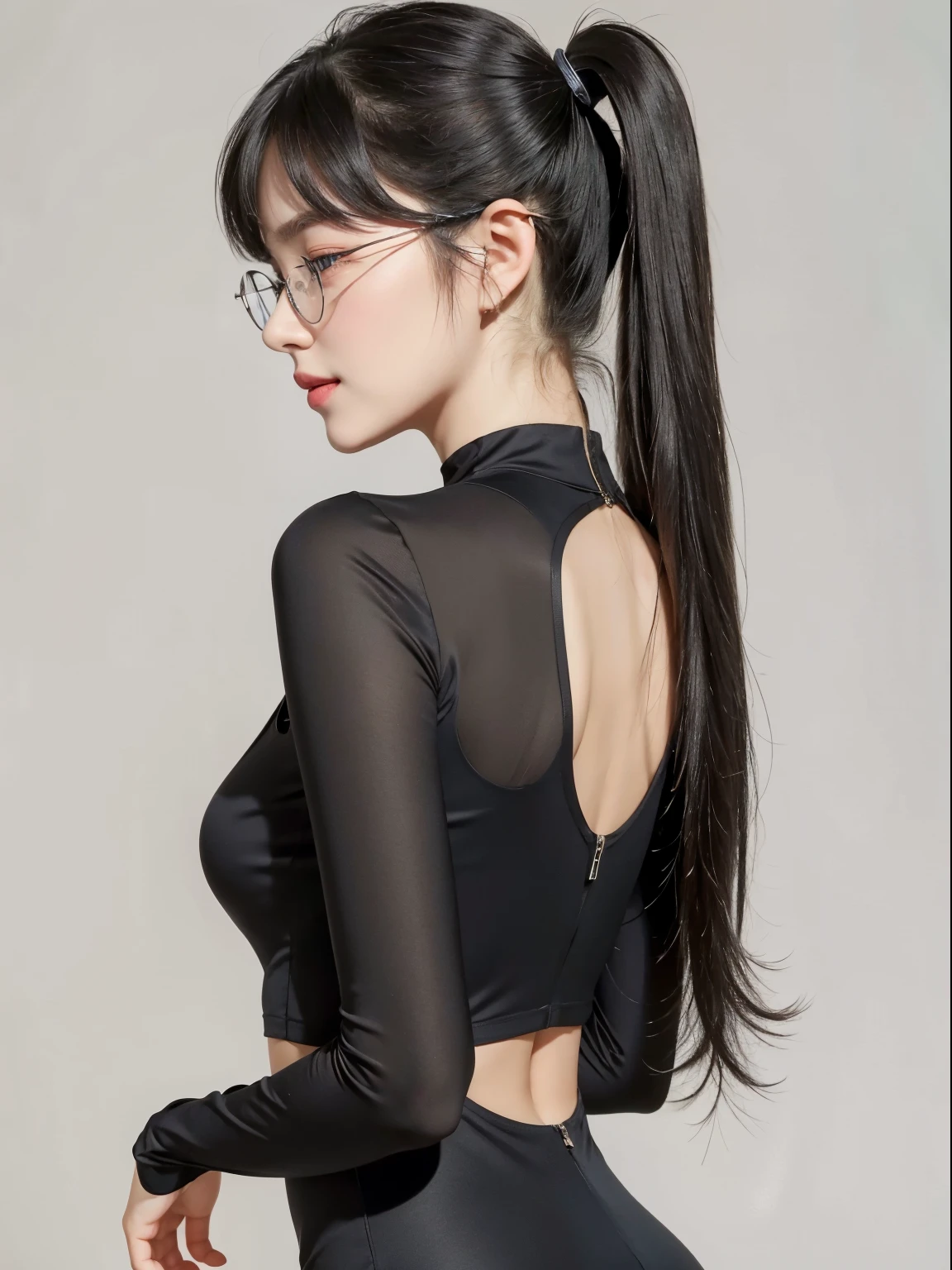 (Best quality, masterpiece, detailed), (RAW, 4k, hd images), shy, 1 girl, , white skin, long hair, ponytail, layers hair, bangs, black hair, beautiful girl, cute girl, sweet girl, pretty girl, perfect girl, pretty eyes, blue eyes, thin lips, thin, eye line, perfect round breast, glasses(detailed frame), simple background, smile, waist, thigh, black bodycon dress, short pants, back side angle capture, half body, potrait, side breast,
